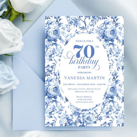 Navy Roses 70th Birthday Chic Floral Invitation Einladung