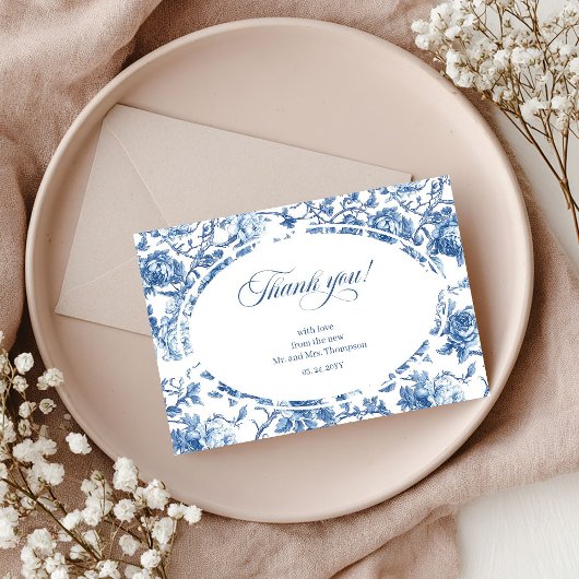 Navy Roses Floral Elegant Wedding Thank You Card Dankeskarte