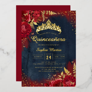 Navy Rot Gold Schmetterling Floral Quinceanera  Folieneinladung