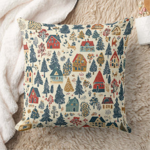 Navy Roter Woodland-Weihnachtsdorf-Muster Kissen