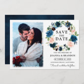 Navy Royal Blue Blues Floral Save the Date Einladung (Vorne/Hinten)