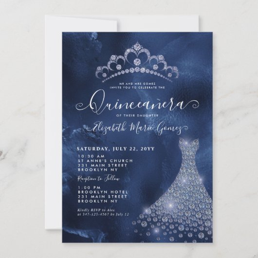 Navy Royal Blue Diamond Tiara Dress Quinceanera Einladung (Vorderseite)
