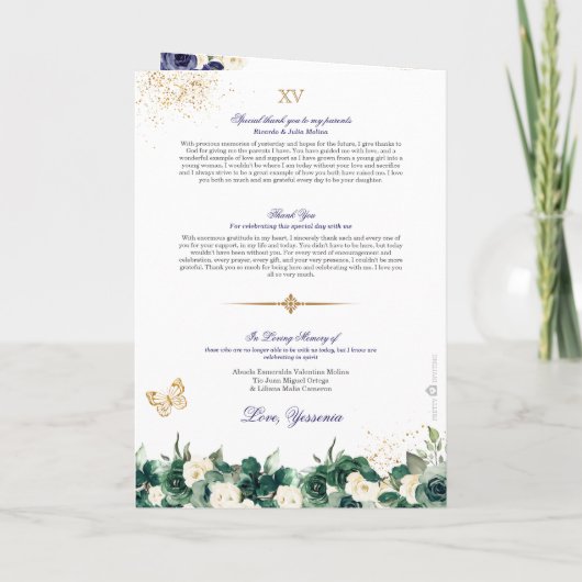 Navy Royal Blue Floral Tiara Butterfly Quinceanera Programm (Rückseite)