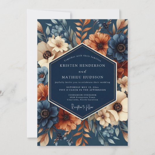 Navy Rust Artistic Flora Wedding Einladung (Vorderseite)