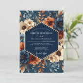 Navy Rust Artistic Flora Wedding Einladung (Stehend Vorderseite)