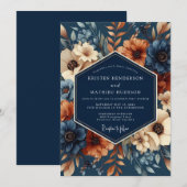 Navy Rust Artistic Flora Wedding Einladung (Vorne/Hinten)