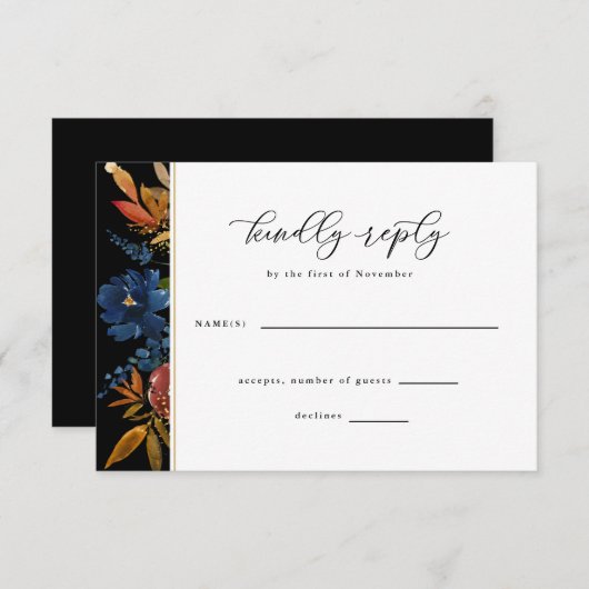 Navy & Rust Boho Blume Black Wedding RSVP Karte (Vorne/Hinten)