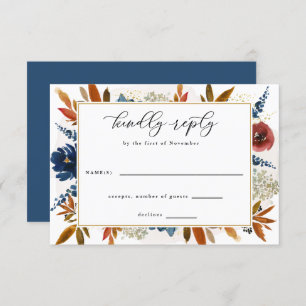 Navy & Rust Boho Blume Gold Frame Wedding RSVP Karte