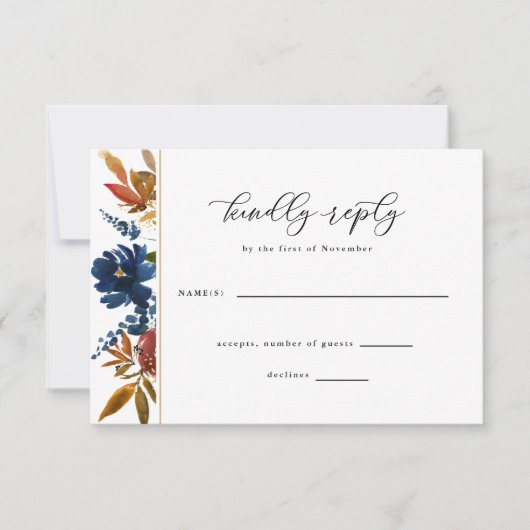 Navy & Rust Boho Blume White Wedding RSVP Card (Vorderseite)