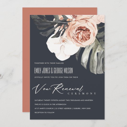 NAVY RUST FLORAL MONSTRERA LEAF VOW RENEWAL INVITE DANKESKARTE (Vorne/Hinten)