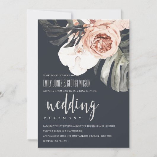 NAVY RUST FLORAL MONSTRERA LEAF WEDING INVITE DANKESKARTE (Vorderseite)