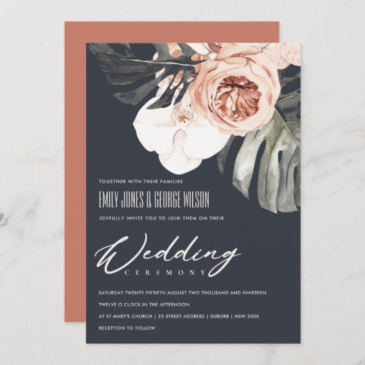 NAVY RUST FLORAL MONSTRERA LEAF WEDING INVITE DANKESKARTE (Vorne/Hinten)