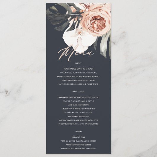 NAVY RUST MONSTRERA FLORAL WATERCOLOR WEDING MENU MENÜKARTE (Vorderseite)