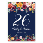 Navy Rustic Burgundy Fall Floral Wedgram Tischnummer (Vorderseite)