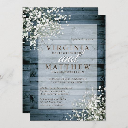 NAVY RUSTIC GIPSKRAUT WEDERINVITATION EINLADUNG (Vorne/Hinten)