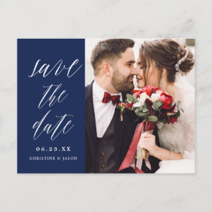 Navy Rustic Script Couple Foto Speichern Sie die D Ankündigungspostkarte