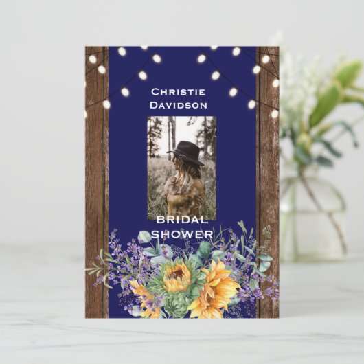 Navy Rustic Sonnenblumen Foto Lights Brautparty Einladung (Stehend Vorderseite)