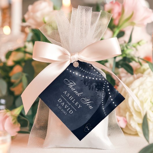 Navy Rustic Tree Lights Carved Initials Wedding Geschenkanhänger