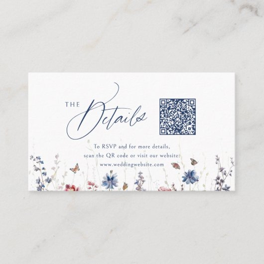 Navy Rustic Wildflower QR Code Mini Details Platzkarte (Vorderseite)