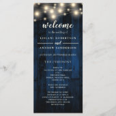 Navy Rustic Wood String Light Wedding Programm (Vorderseite)