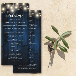 Navy Rustic Wood String Light Wedding Programm