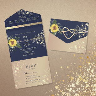 Navy Rustikale Sonnenblumen Hochzeit All In One Einladung