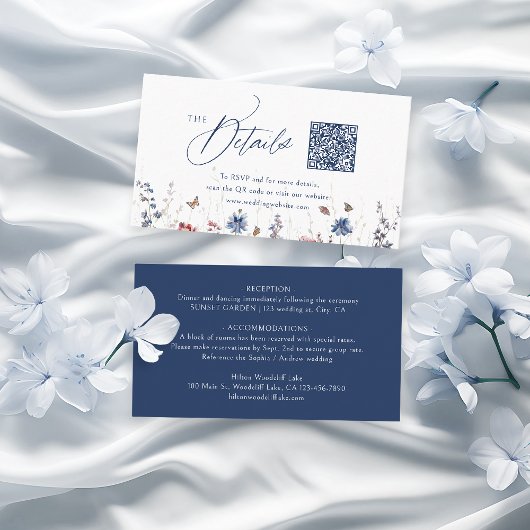 Navy Rustikale Wildblumen QR-Code Mini-Details Platzkarte