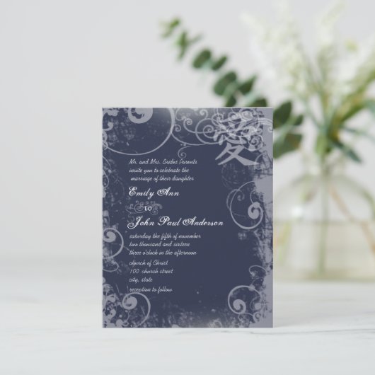 Navy Sacre Bleu Metallic Silver Kanji Liebe Swirl Einladung (Stehend Vorderseite)