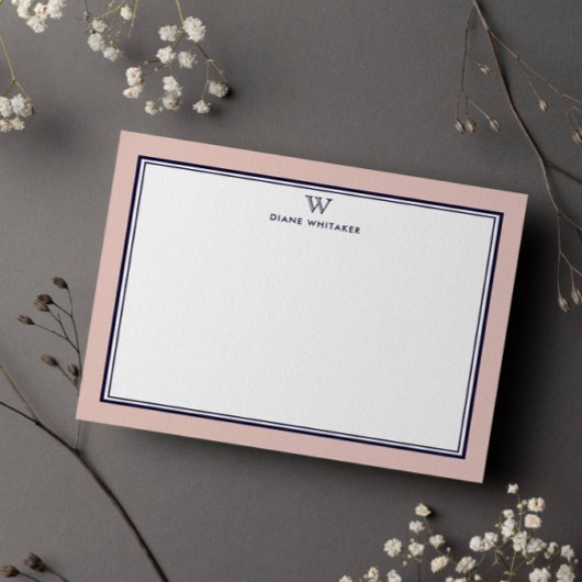 NAVY & SALMON Classic Monogram Double Frame Mitteilungskarte