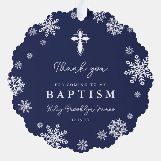 Navy Schneeflocken Foto Wintertaufe Vielen Dank Ornament Karte (Rückseite)