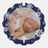 Navy Schneeflocken Foto Wintertaufe Vielen Dank Ornament Karte (Vorderseite)