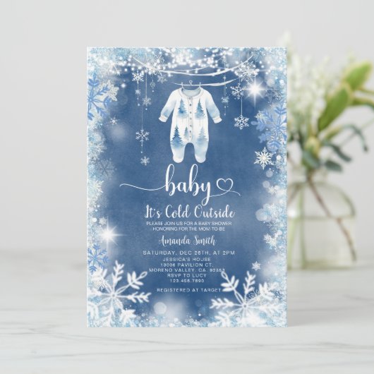 Navy schneit ihre kalte Outdoor Winter Baby Dusche Einladung (Stehend Vorderseite)