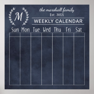 Navy-Schultafel-Wochen-Familien-Monogramm-Kalender Poster