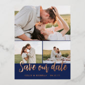 Navy Script 3 Fotos Hochzeit Rettete Unser Datum Folie Einladungspostkarte (Vorderseite)