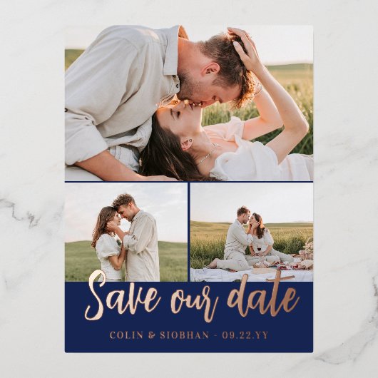 Navy Script 3 Fotos Hochzeit Rettete Unser Datum Folie Einladungspostkarte (Vorderseite)