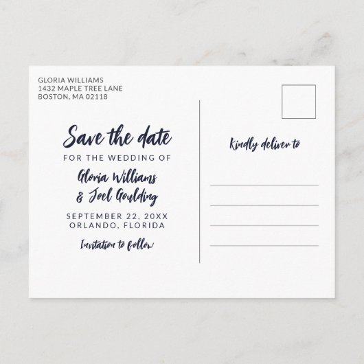 Navy Script 4 Fotos Hochzeit Rettete Unser Datum Ankündigungspostkarte (Rückseite)
