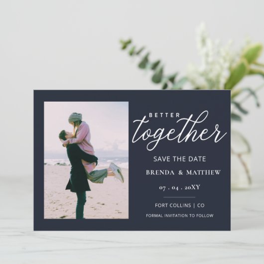 Navy Script besser Gemeinsam Minimales einfaches F Save The Date (Stehend Vorderseite)