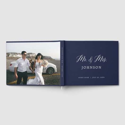 Navy Script Foto Wedding Guest Book Gästebuch (Voll)