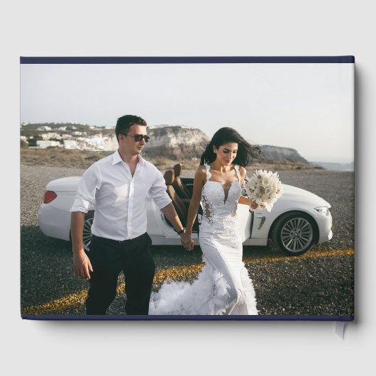 Navy Script Foto Wedding Guest Book Gästebuch (Rückseite)