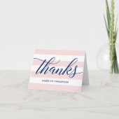 Navy Script Pink Stripes Wedding Dankeskarte (Vorderseite)