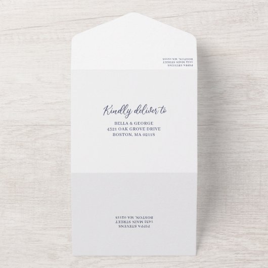 Navy Script Sie sind eingeladen Foto Hochzeit All In One Einladung (Außenbereich)