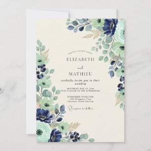 Navy Seafoam Leuchtende Botanische Hochzeit Einladung