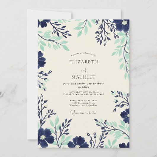 Navy Seafoam Timeless Botanical Wedding Einladung (Vorderseite)