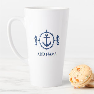 Navy Seepferd & Anker Ihr Name 2 Side Large Milchtasse