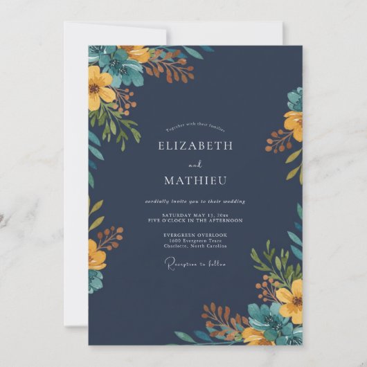 Navy Senf Wildblumen-Hochzeit Einladung (Vorderseite)