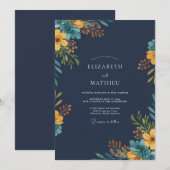 Navy Senf Wildblumen-Hochzeit Einladung (Vorne/Hinten)