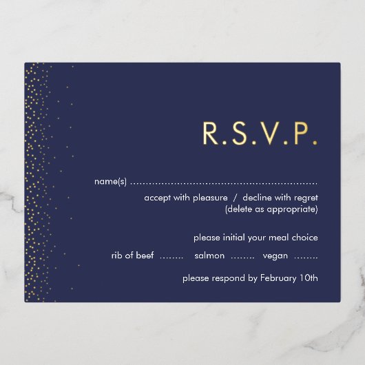 Navy Shimmer Folie Hochzeit RSVP Postkarte (Vorderseite)