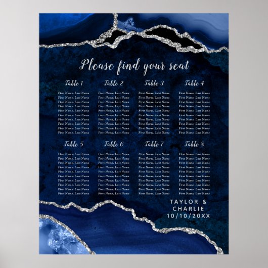 Navy Silber Achat Hochzeit Sitzplan 8 Tisch Poster (Vorne)