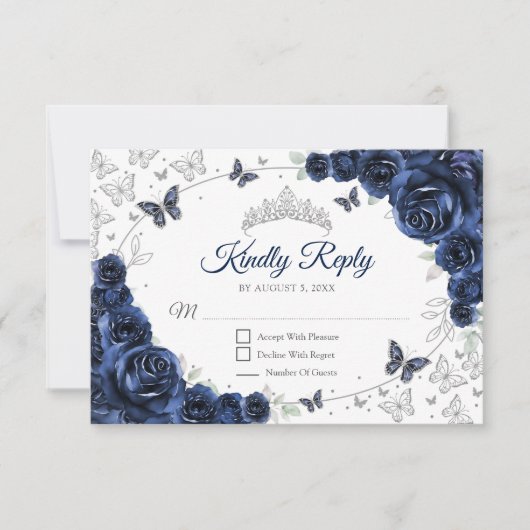 Navy Silber Blumen Quinceanera Antwort (Vorderseite)