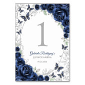 Navy Silber Blumen Quinceanera Tischnummer (Rückseite)